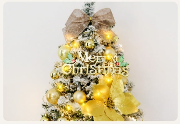 Künstlicher Weihnachtsbaum 150 cm – Mit LED & Gold-Dekoration, Schneeeffekt