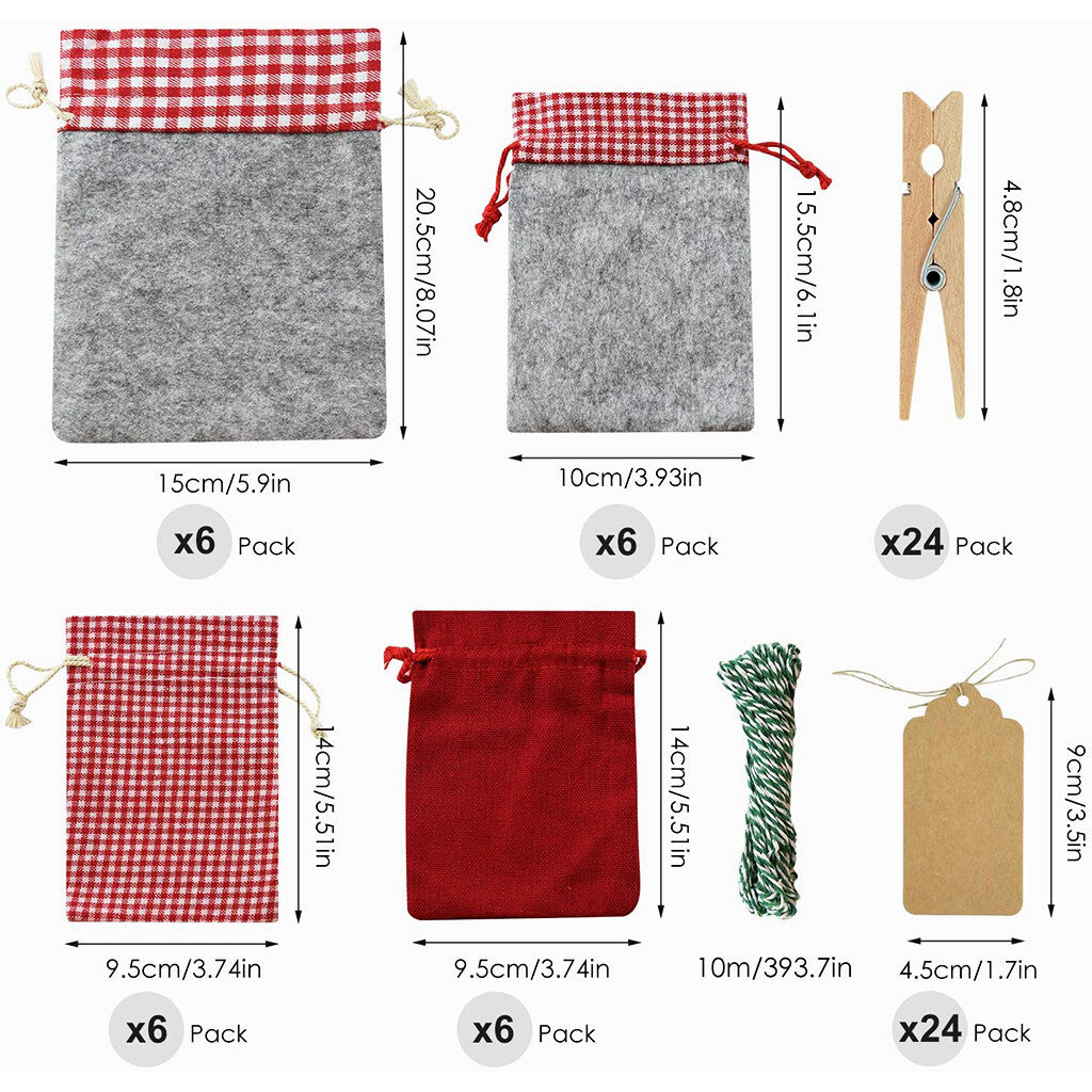 Adventskalender Stoffbeutel – 24 Jutesäckchen mit Zahlen, Clips & Schnur