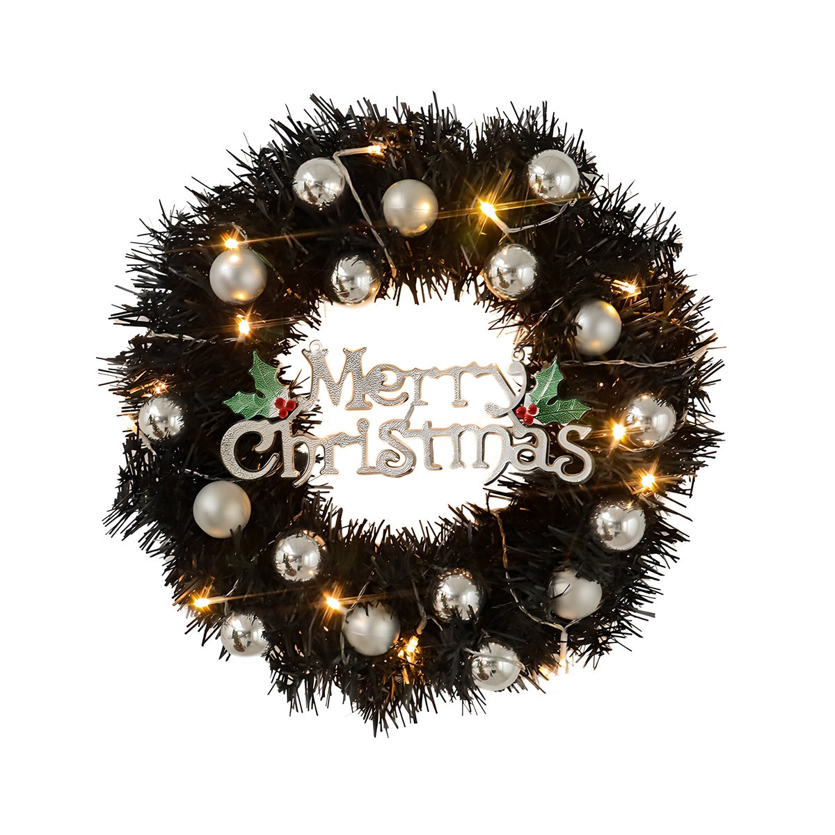 LED Weihnachtskranz mit Silberkugeln & Merry Christmas Schild – Tür- & Wanddeko