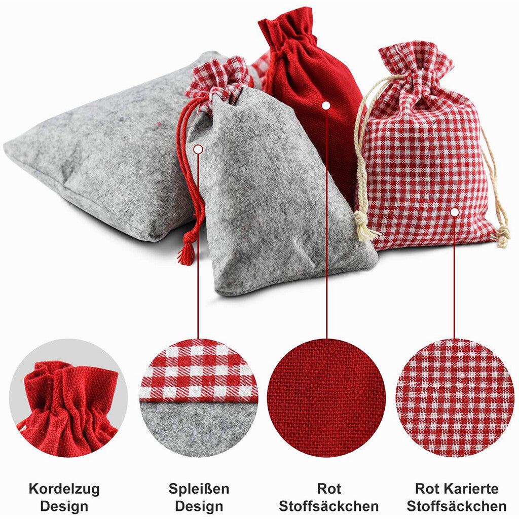 Adventskalender Stoffbeutel – 24 Jutesäckchen mit Zahlen, Clips & Schnur