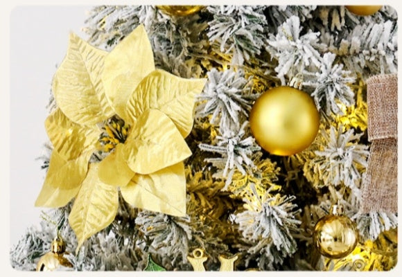 Künstlicher Weihnachtsbaum 150 cm – Mit LED & Gold-Dekoration, Schneeeffekt