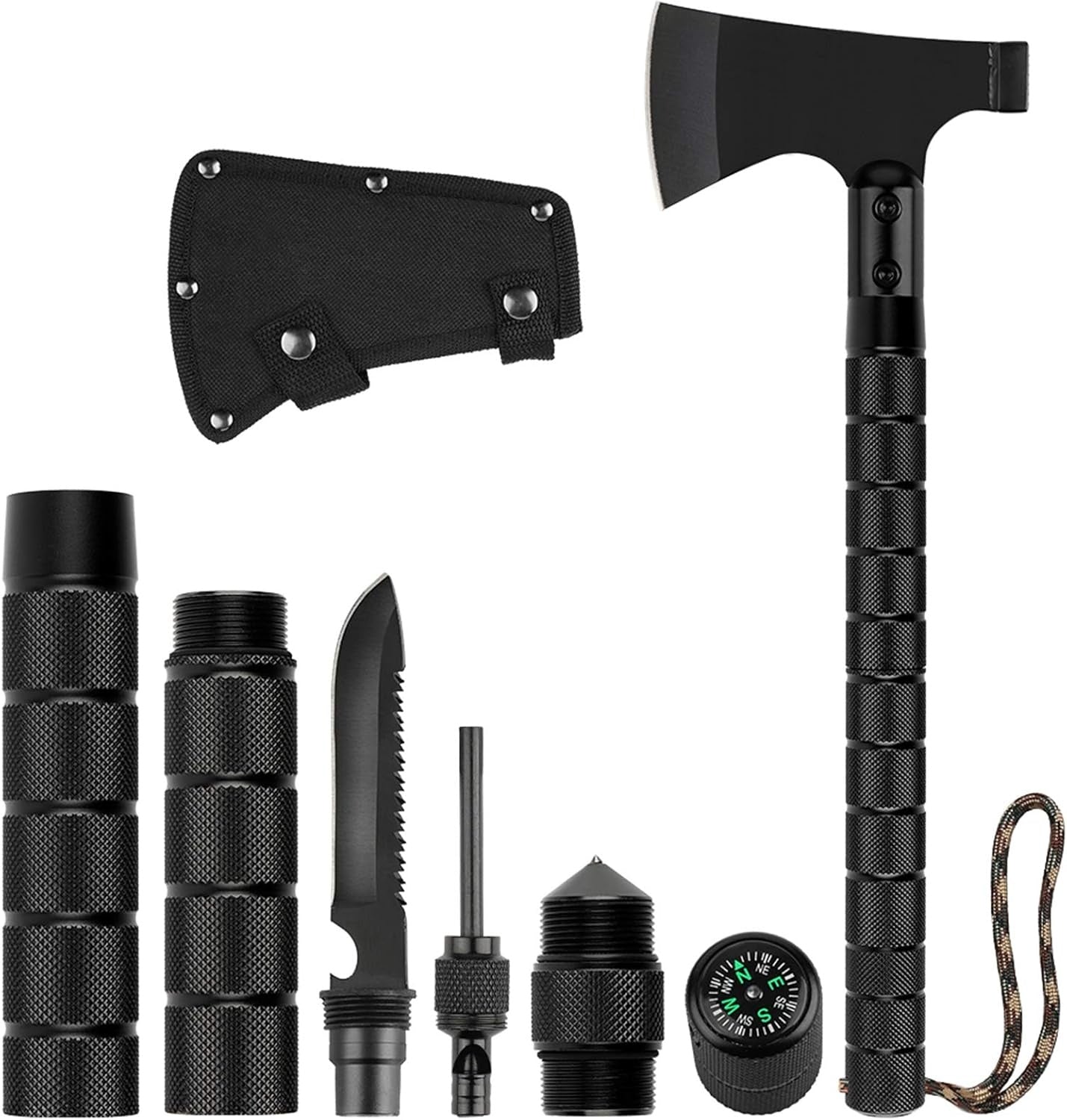 Survival Axt 8-in-1 – Multifunktionale Camping Axt mit Messer, Feuerstarter & Kompass