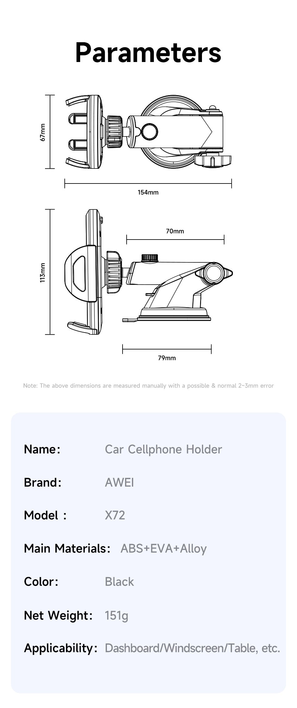 Awei X72 Handyhalterung Auto – Smartphone Halter mit Saugnapf 360° drehbar