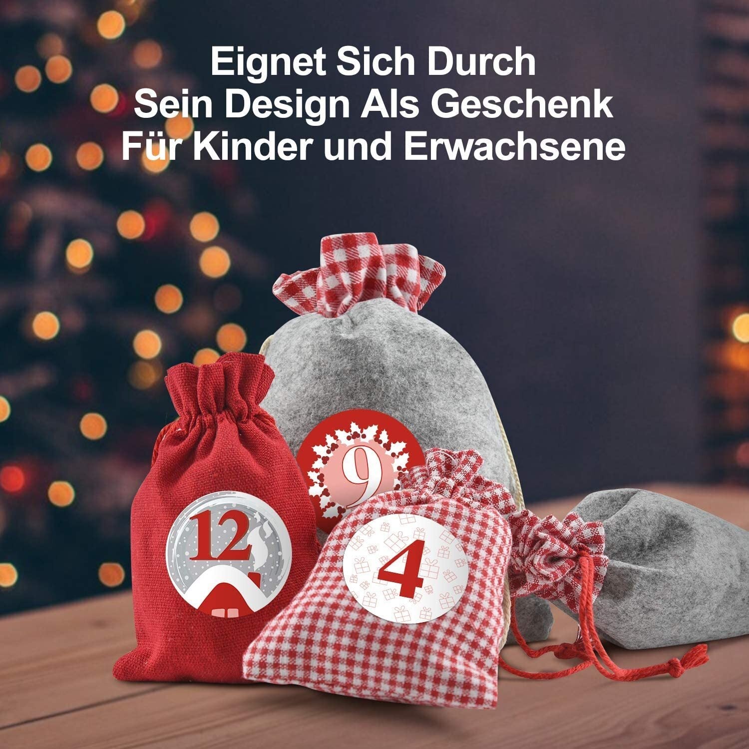 Adventskalender Stoffbeutel – 24 Jutesäckchen mit Zahlen, Clips & Schnur