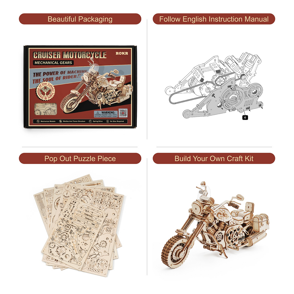 ROKR Cruiser Motorrad Holzmodell – 3D Holzpuzzle Bausatz