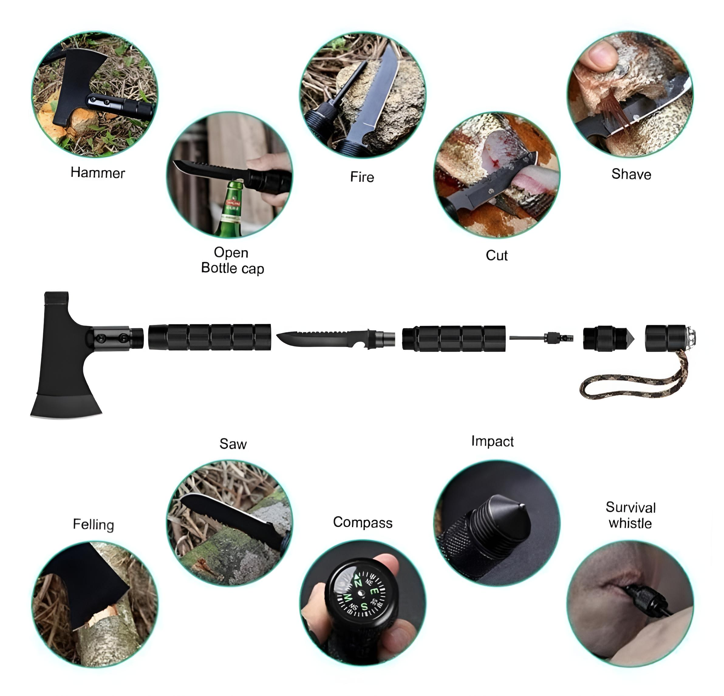 Survival Axt 8-in-1 – Multifunktionale Camping Axt mit Messer, Feuerstarter & Kompass