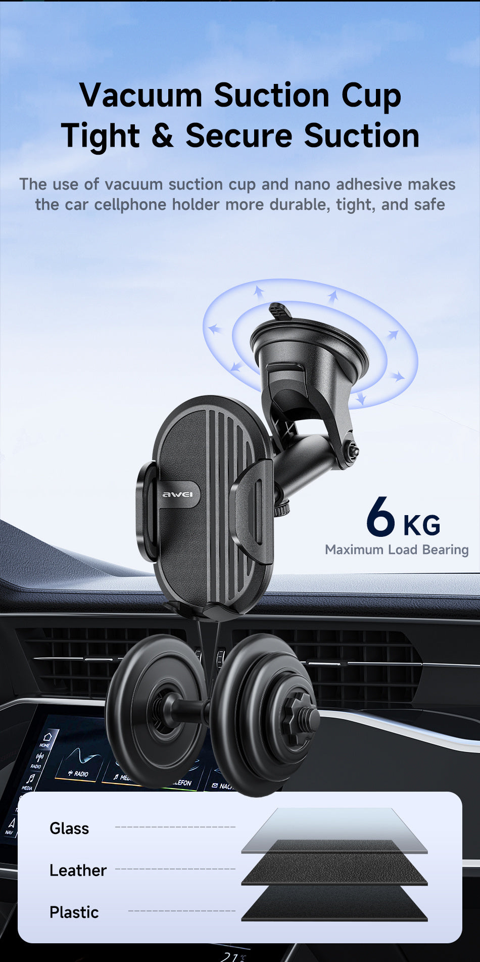 Awei X72 Handyhalterung Auto – Smartphone Halter mit Saugnapf 360° drehbar